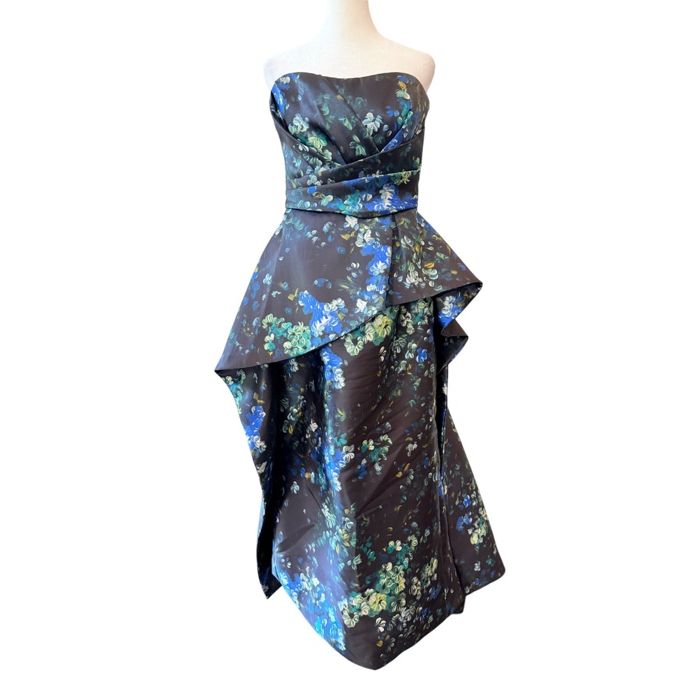 AMSALE Black Floral Jacquard Strapless Peplum Black Tie Formal Evening Gown Sz 8